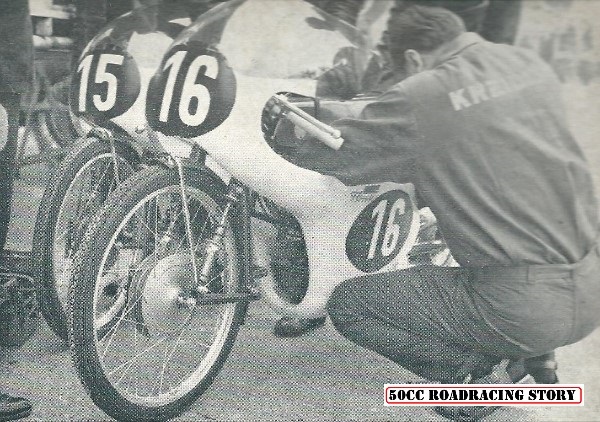 1962 Montjuich pre-start adjustments on Huberts Kreidler.